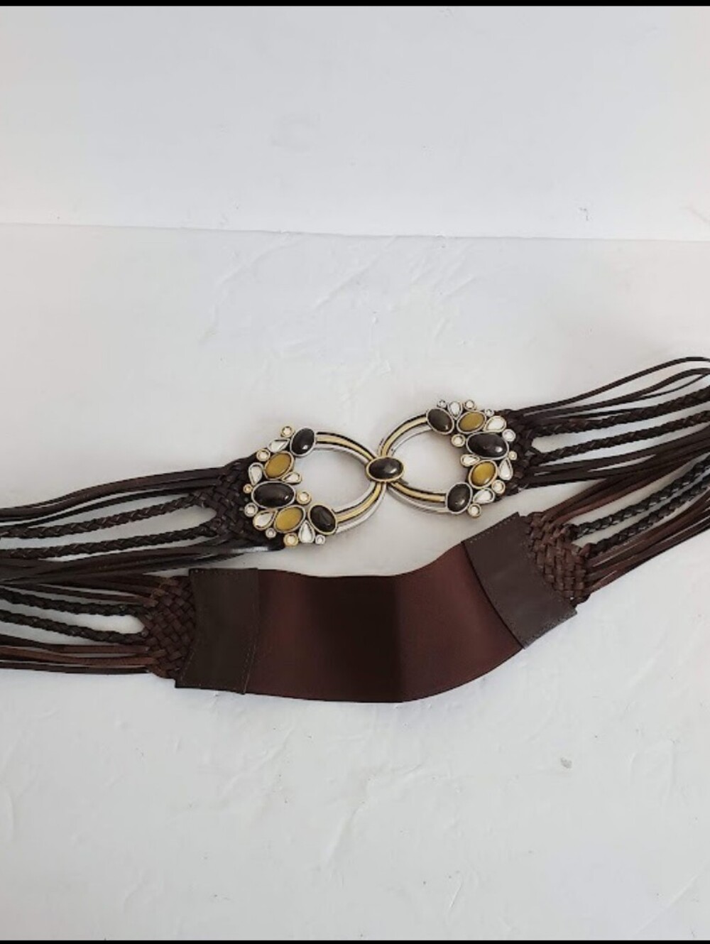Chico's Brown Leather Braided Strips Cabochon Jewels Concho Belt Elastic Back XL